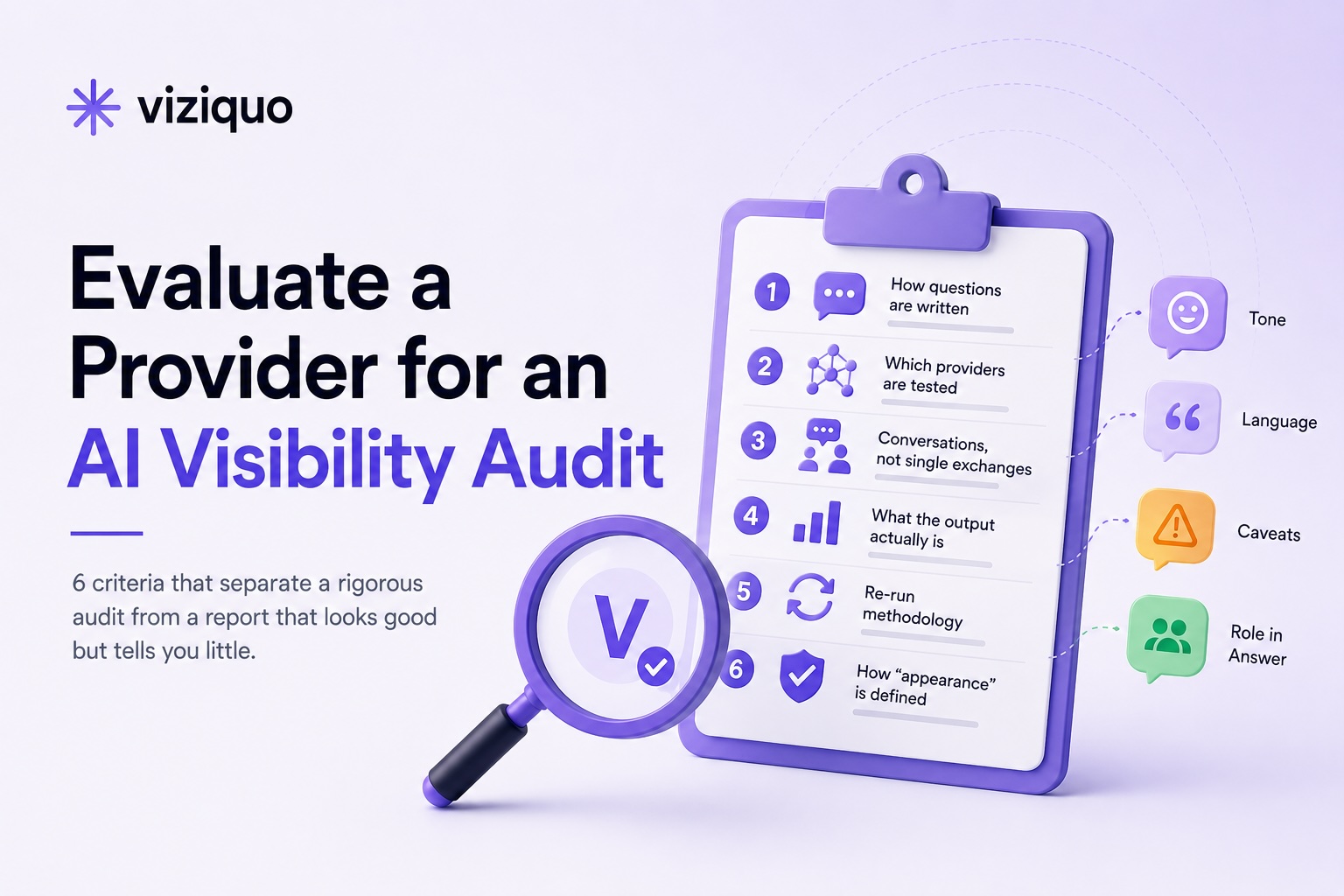 Learn how to evaluate an AI visibility audit provider: assess test questions, provider coverage, conversational testing, deliverable quality, re-run methodology, and appearance definitions — plus red flags and when to run the audit yourself.